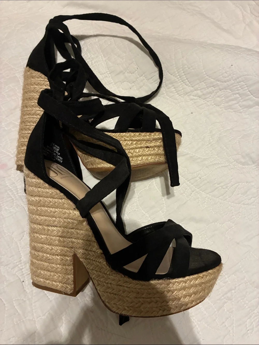 Jennifer Lopez Black Lace-Up Espadrille Platform Sandals